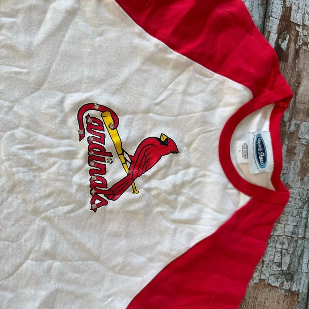 Women's Red and White Short Sleeve X Cardinals Tee w Rhinestones - Picture 2 of 4
